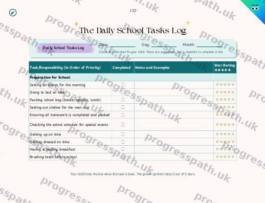 The Daily School Tasks Log from The Progress Path, Family Edition, shown small